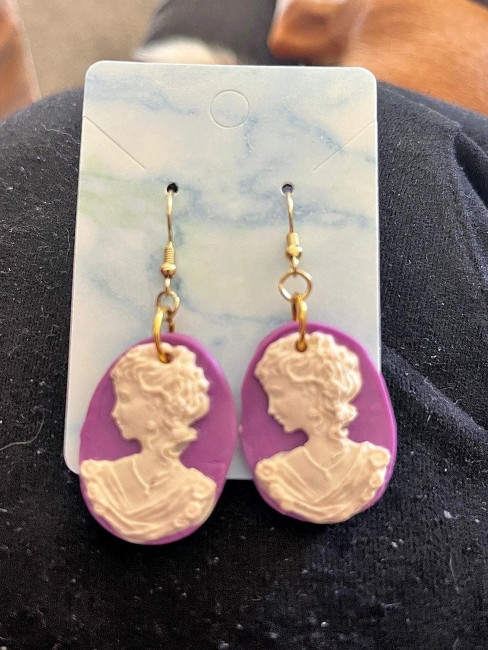 Purple & Gold Cameo Drop Earrings Handcrafted